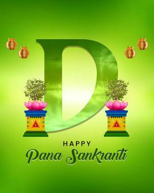 Pana Sankranti festival greeting with a large letter 'D' and traditional decorations.