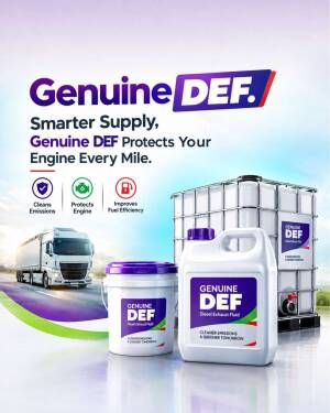 Promotional graphic for Genuine DEF featuring a shipping truck, a gallon jug, and a large IBC tank for diesel exhaust fluid.