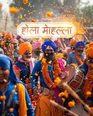 A vibrant scene of Holi Mohalla festival with Sikh Nihangs celebrating with orange flowers and traditional instruments.