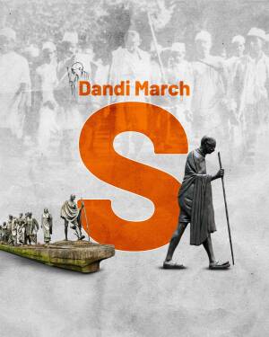 Image depicting Mahatma Gandhi leading the Dandi March with a large 'S' overlay.