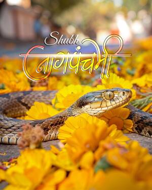 Snake resting among marigold flowers with Nag Panchami text