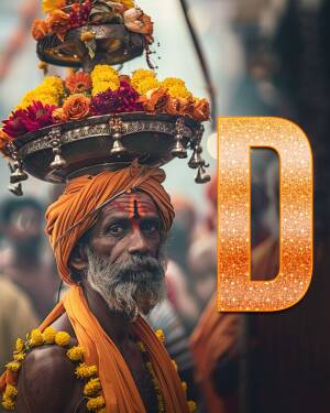 Portrait of an Indian holy man carrying a tiered offering of flowers and a large sparkling letter 'D'.