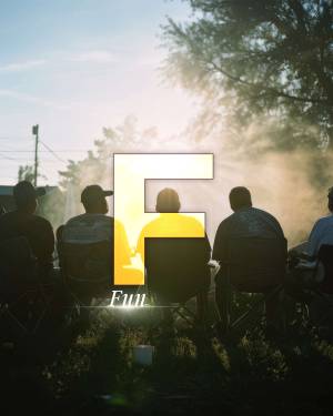 Group of people sitting around a campfire with a large yellow 'F' overlayed.