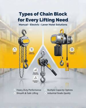 Various types of industrial chain blocks including manual, electric, and lever hoists for heavy lifting.