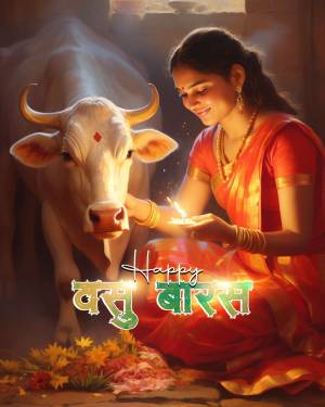 A woman lighting a lamp in front of a cow during Vasu Baras festival