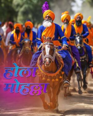 A group of Sikh men in traditional attire riding horses during a procession.