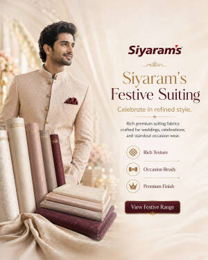 A man wearing a stylish beige bandhgala jacket with stacks of premium suiting fabrics for festive occasions.