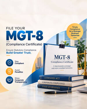 A professional graphic advertising MGT-8 compliance certificate filing services for businesses with a stack of books and legal scale in the background.