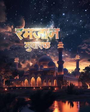 Ramadan Mubarak greeting with a mosque silhouette against a starry night sky.