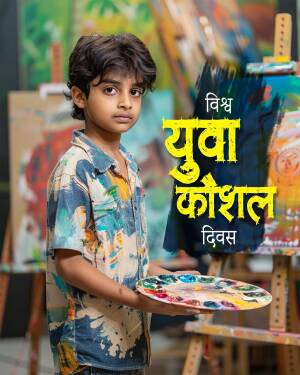 A young boy artist holding a paint palette in front of an easel and colorful artwork.