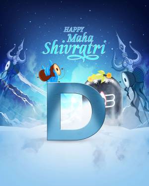Digital illustration of Maha Shivratri with Lord Shiva elements and a large letter 'D'