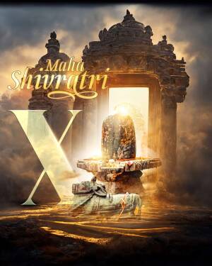 Image depicting a Shivling with a temple gateway and the text 'Maha Shivaratri'