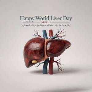 Realistic 3D rendering of a human liver with arteries and veins, celebrating World Liver Day.