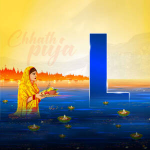 A woman offering prayers during Chhath Puja with a large letter 'L' in the background.