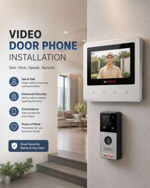 CP PLUS video door phone system mounted on a wall with indoor screen and outdoor bell