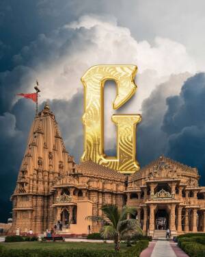 A golden letter 'G' superimposed over a photograph of the Somnath Temple in Gujarat, India, with a dramatic cloudy sky.