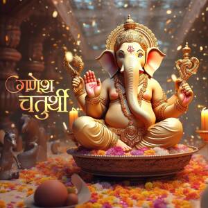 Golden Lord Ganesha statue sitting on a pedestal adorned with flower petals, celebrating the festival of Ganesh Chaturthi