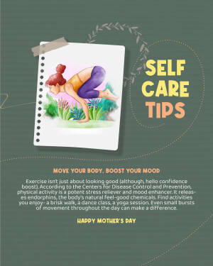 Illustration of a woman doing yoga with text 'Self Care Tips' and 'Happy Mother's Day'