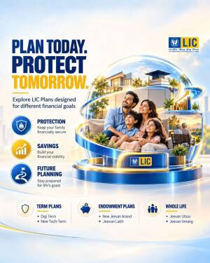 A family sitting inside a glowing orb representing future security, with text promoting LIC life insurance plans.