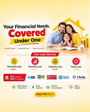 A happy family looking at a loan document with icons representing personal, business, property, and home loans on a yellow background.
