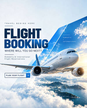 A passenger airplane flying above clouds with a promotional flight booking banner