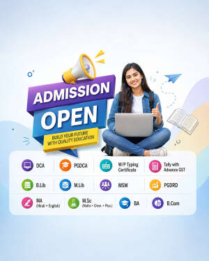 A smiling student with a laptop announcing admission open for various educational courses like DCA, PGDCA, M.Lib, and others.