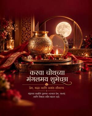 A beautiful Karwa Chauth greeting card featuring a traditional brass pot, a sieve, and a glowing diya against a full moon backdrop with Marathi text.