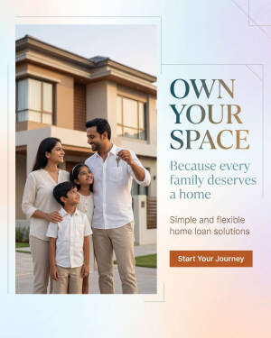 A happy family standing in front of their new house with the father holding a set of keys, promoting home loan services.