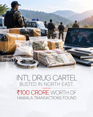Security forces display seized drugs, cash, and digital evidence from an international drug cartel bust in North East India.