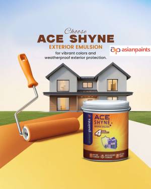 Asian Paints Ace Shyne exterior emulsion paint with a house and roller