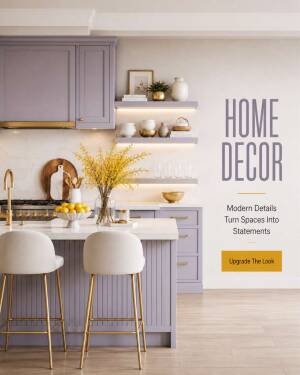 A beautifully styled modern kitchen with lavender cabinets, white island, and bar stools, featuring yellow flowers and golden accents.