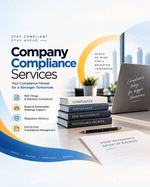 Company compliance services marketing poster with books, a laptop, and a list of corporate services.