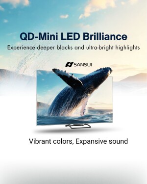 Sansui television displaying a whale breaching from the ocean, highlighting QD-Mini LED technology features