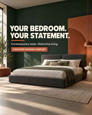A modern, stylish bedroom featuring a charcoal upholstered bed against a dark green accent wall with terracotta architectural details.
