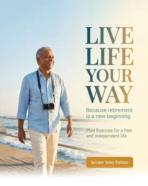 A smiling senior man walking by the sea with a camera, promoting retirement financial planning.