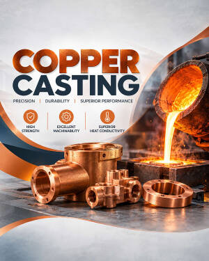 Molten copper being poured into a mold with finished copper cast metal parts