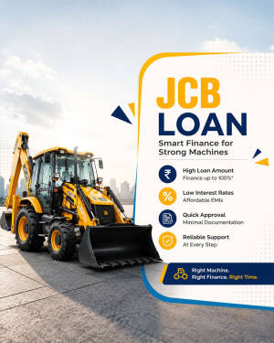 Yellow JCB construction backhoe loader machine with promotional loan finance text overlay
