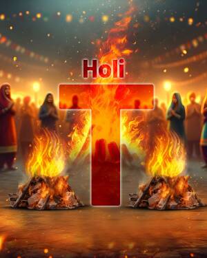 Holi bonfire with the letter 'T' formed by flames and people celebrating in the background.