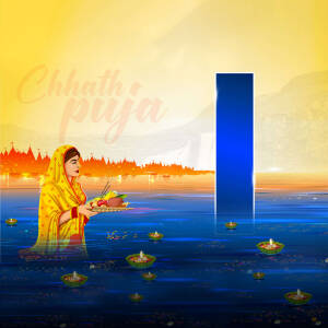 A woman offering prayers during Chhath Puja by a river with lit diyas.