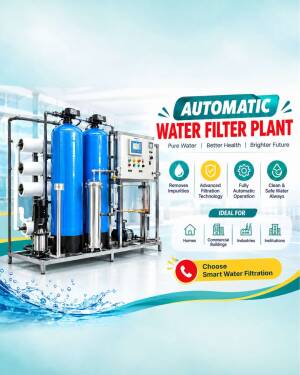 An industrial automatic water filtration plant system with large blue tanks and control panels.