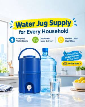 Water jug container and a glass of fresh water on a kitchen counter for home delivery service