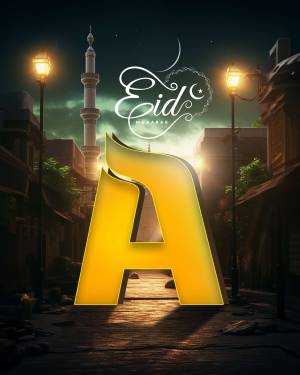 Eid Mubarak greeting with a large illuminated letter A in a city street setting.