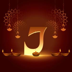 Golden letter J with Diwali decorations