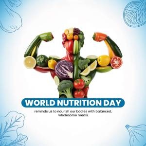 Image depicting a muscular arm made of fruits and vegetables, celebrating World Nutrition Day.