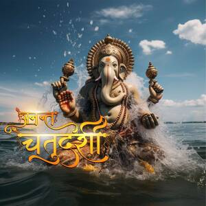 Digital art of Lord Ganesha emerging from water with 'Ganesh Chaturthi' text