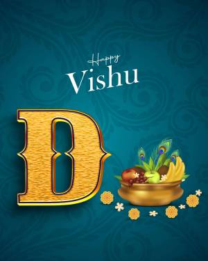 Happy Vishu greeting card with the letter B and traditional fruits