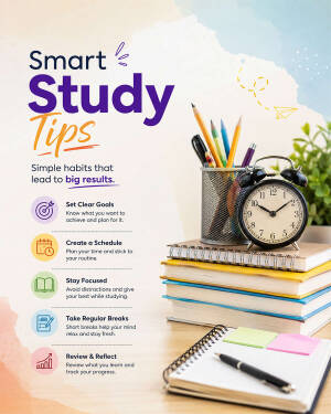 An infographic titled Smart Study Tips listing five productive habits for students including setting goals and taking breaks
