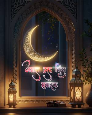 Eid Mubarak greeting with a crescent moon and Arabic calligraphy