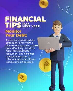 Illustration of a man with a laptop and coins, with text about financial tips.