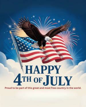 An illustration of an eagle flying in front of an American flag with fireworks in the background.